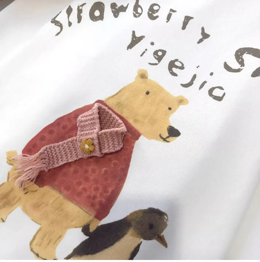 VINESU A13 - Strawberry Swan Bear & Penguin Long Sleeve Tee with 3D Scarf