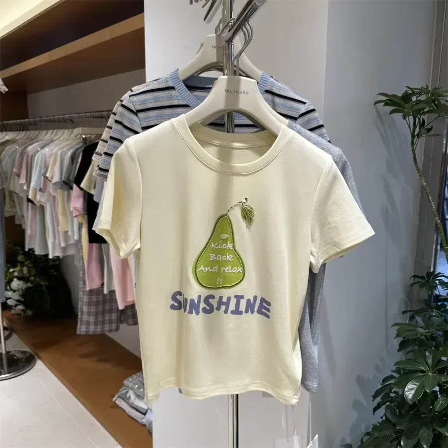 A118 - Premium 220 GSM Heavyweight Cotton Tee - Pear Graphic with Handmade Beaded Leaf & 3D Patch Embroidery