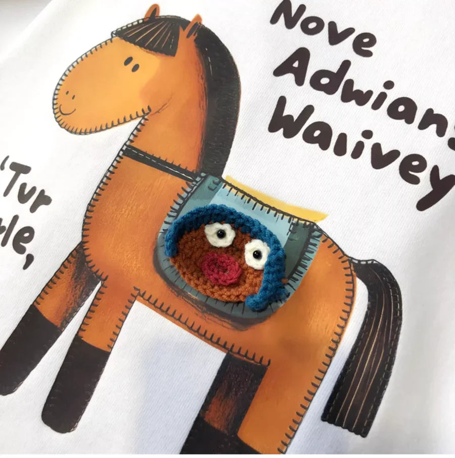 A110 - Artisan 3D Crochet Horse Graphic Tee - Hand-Knitted Detail & Premium Cotton, Boutique Style Embroidered Top