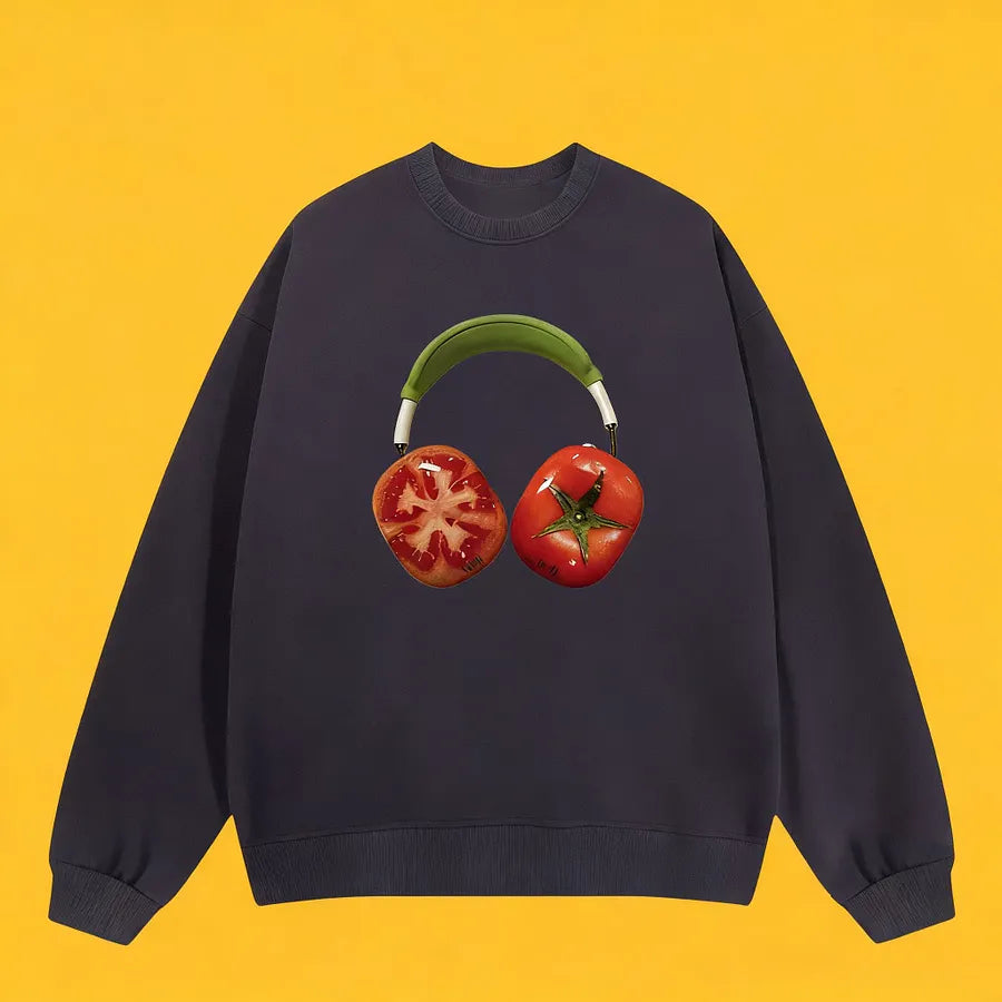 Vinesu Trendy Brand Fun Tomato Headphone Print Crew Neck Sweatshirt