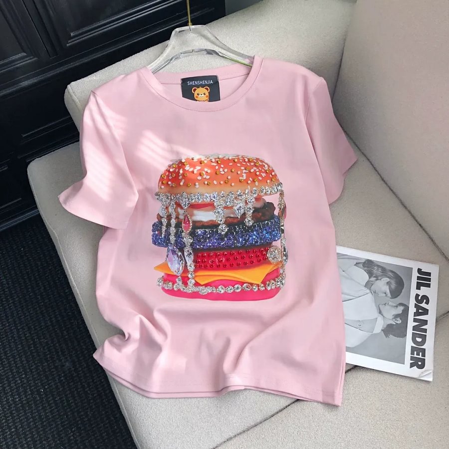 VINESU Pink Edgy-Cute Tee with Heavy Rhinestone Burger Print