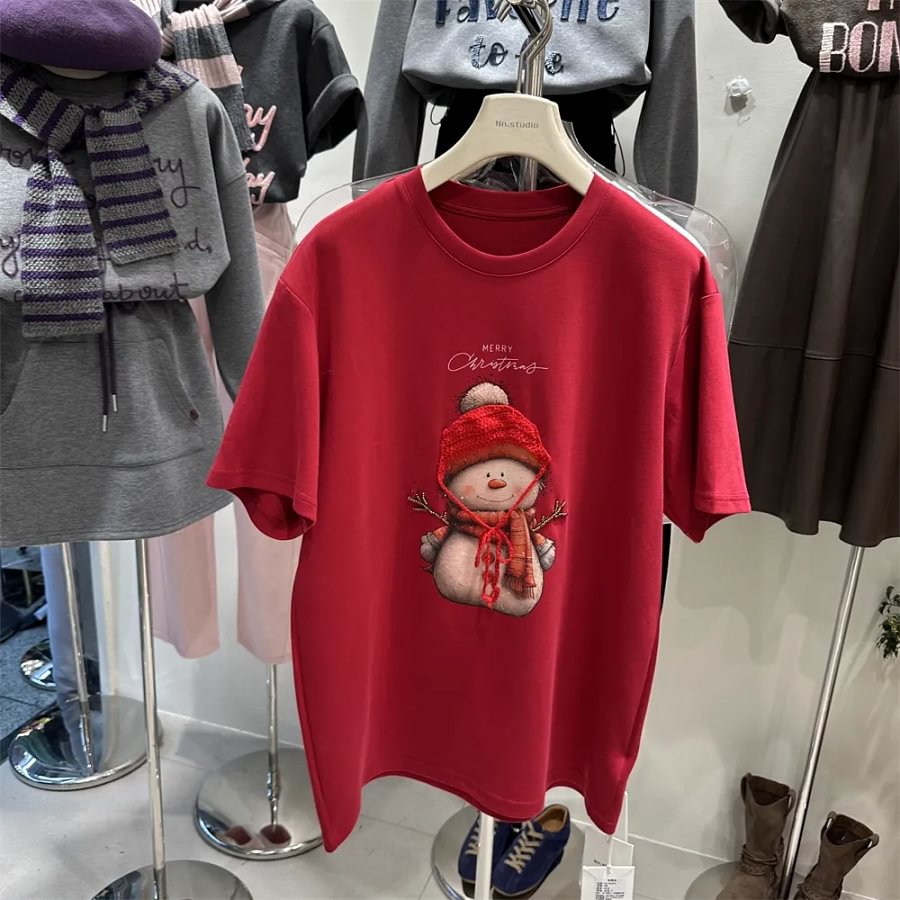 VINESU Christmas Limited Plush Collar T-Shirt ⛄ Snowman Print Festive Winter Top