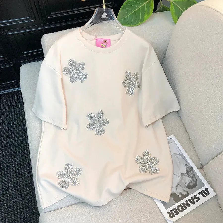 VINESU Sparkly floral embellishment T-shirts 🌸 A delicate trick for basic styles