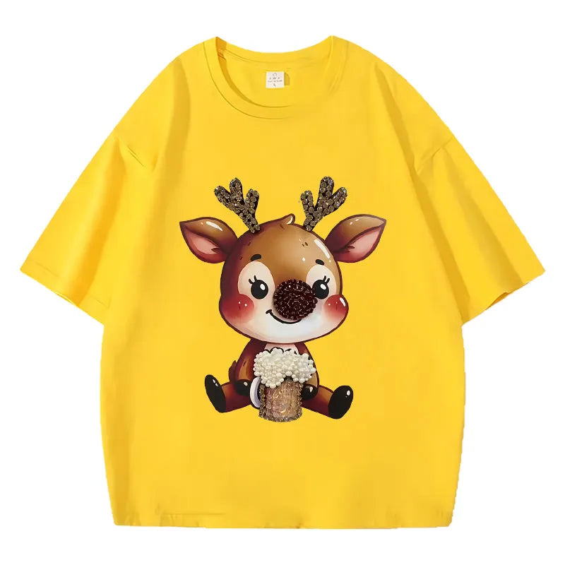 VINESU Y451 - 3D Beaded Reindeer Vintage Washed Short Sleeve Tee