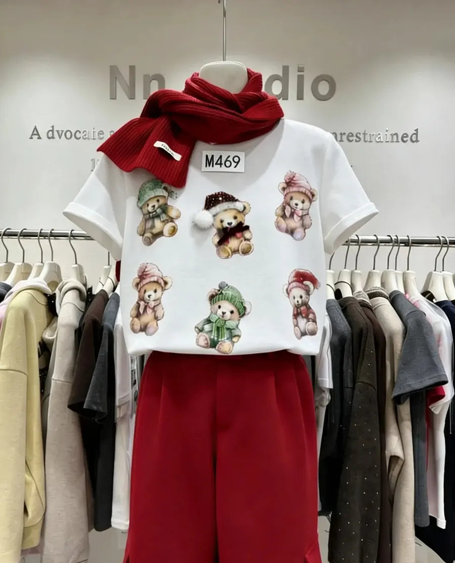 VINESU M469 - Christmas Bear Print T-Shirt
