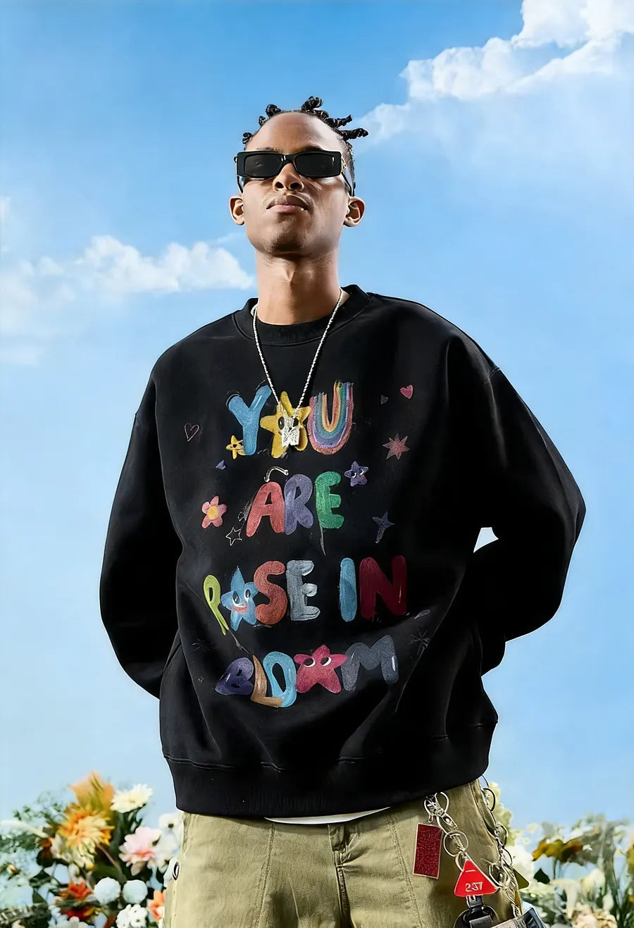 VINESU A36 - Oversized Hand-painted "You Are A Rose In Bloom" Graphic Sweatshirt, Colorful Y2K Aesthetic Pullover