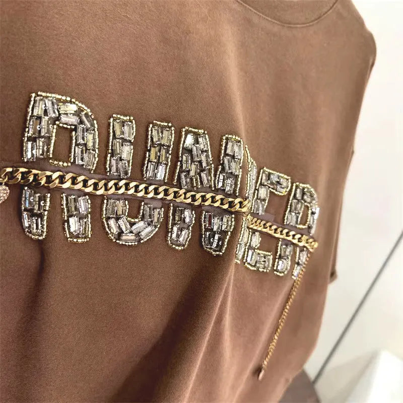VINESU A27 - Artisanal Rhinestone Letter T-Shirt with Metal Chain Detail