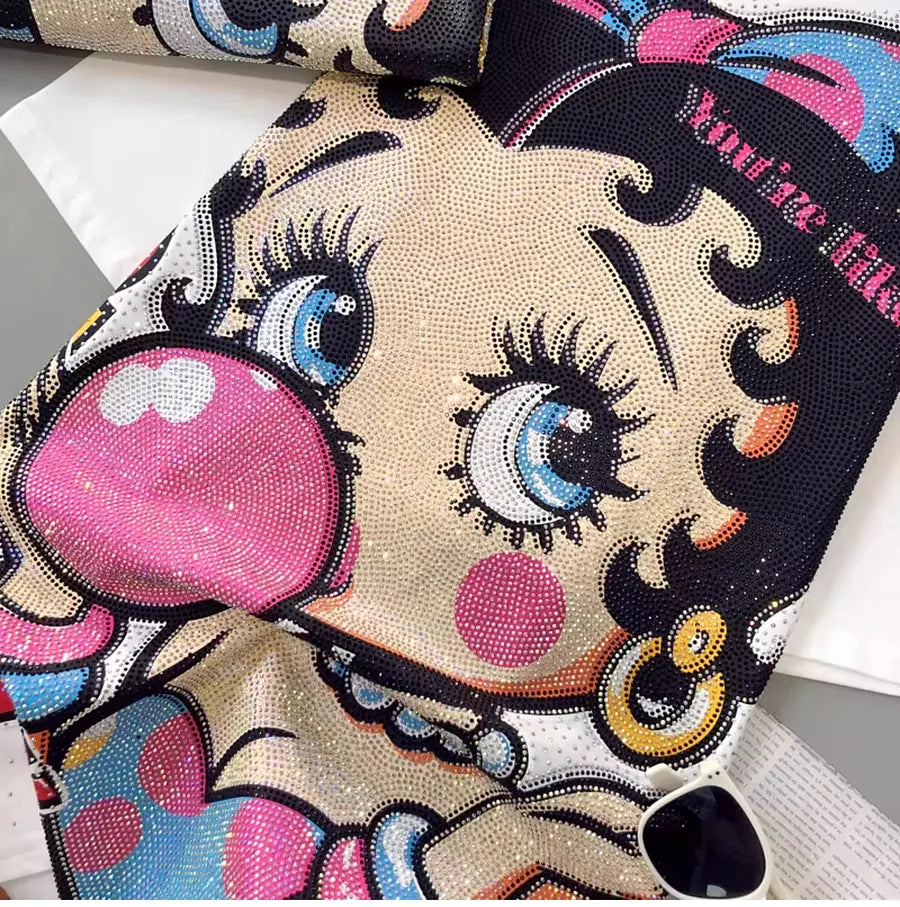 VINESU A01 - Rhinestone Betty Boop Cotton Brushed Oversized T-Shirt