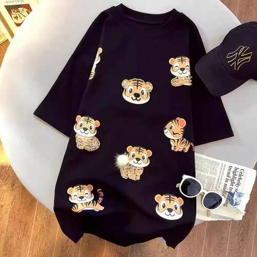 A101 - Oversized Graphic T-Shirt - Cute 3D Sequin Tiger Print Loose Cotton Tee with Pom-Pom Accents