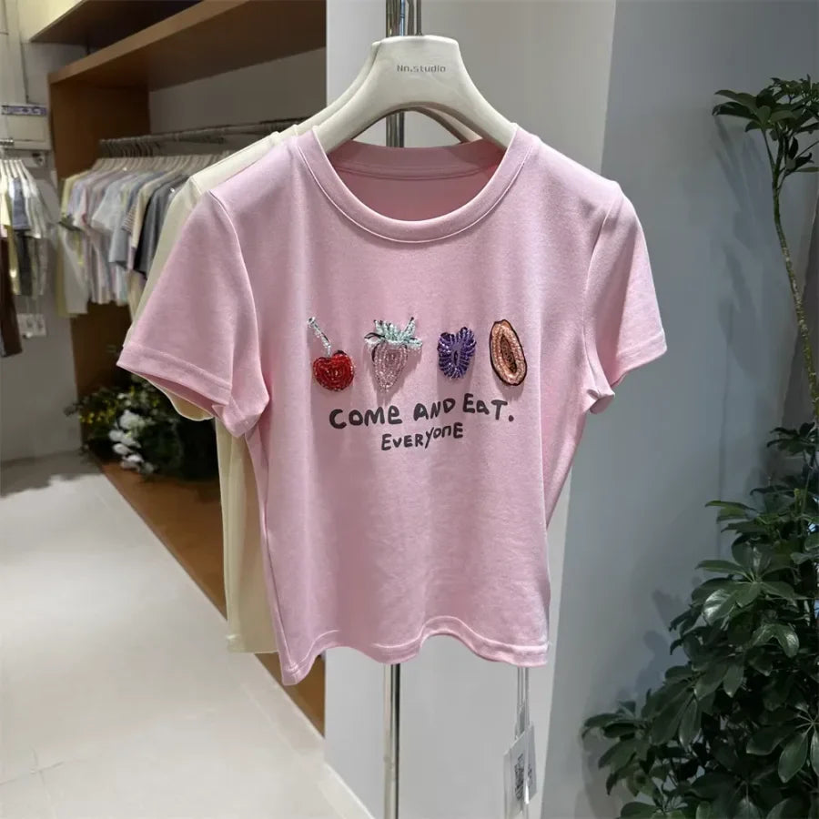 A121 - Luxury Fruit Embroidery Beaded T-Shirt - 100% Heavy Cotton