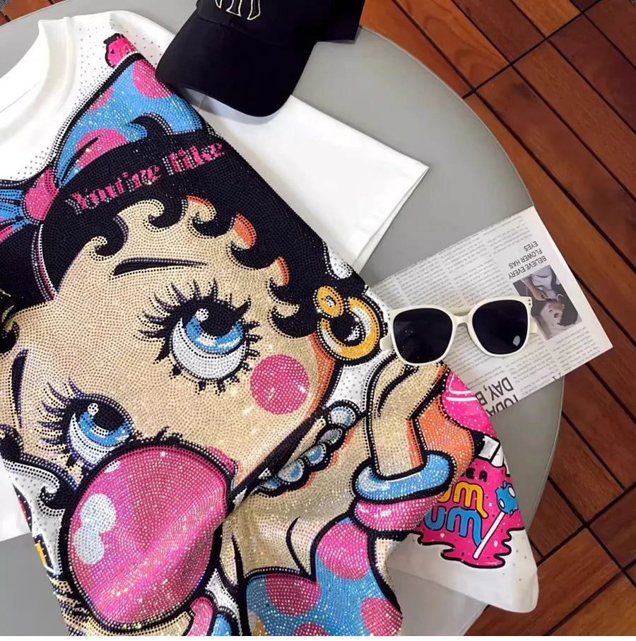 VINESU A01 - Rhinestone Betty Boop Cotton Brushed Oversized T-Shirt