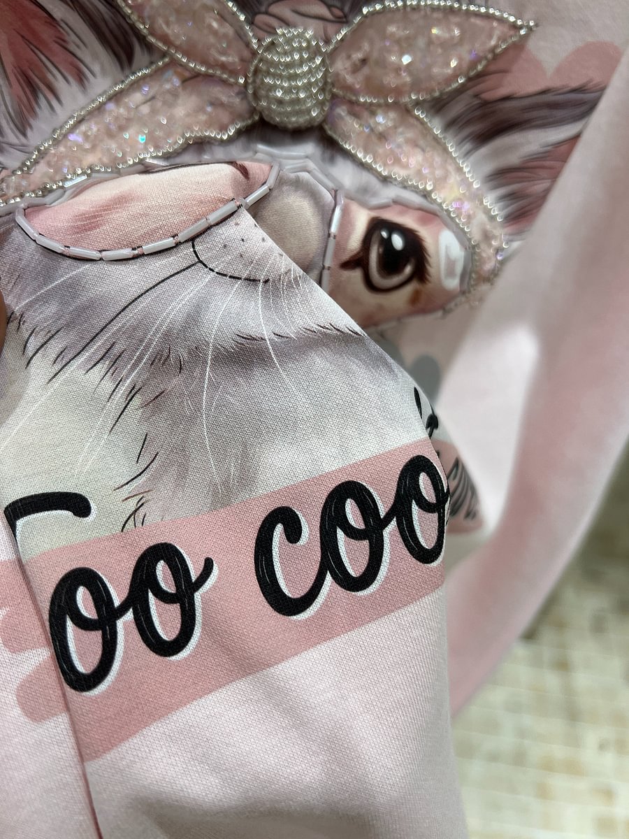 A183 - Cool Cat Graphic Tee - Hand-Embroidered Crystal Beaded Detail - 220g Premium Heavyweight Cotton