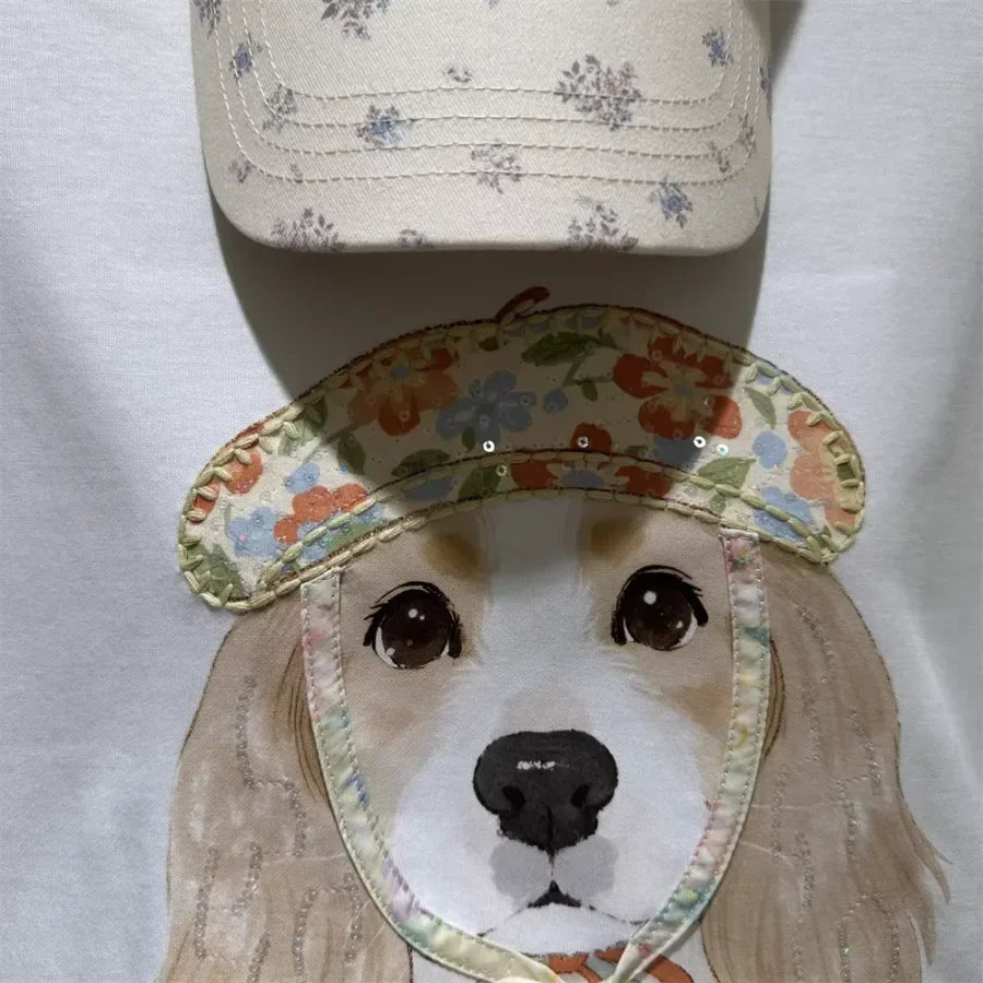 A119 - Vintage French Style Dog Tee - 220g Pure Cotton with Floral Beret Patch & 3D Ribbon Detail