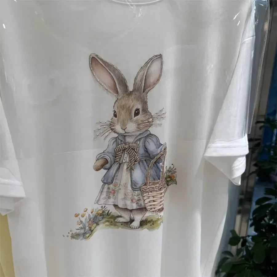 A136 - Oversized Rabbit Embroidery Tee - 220g Premium Cotton with Silver Bead Accents