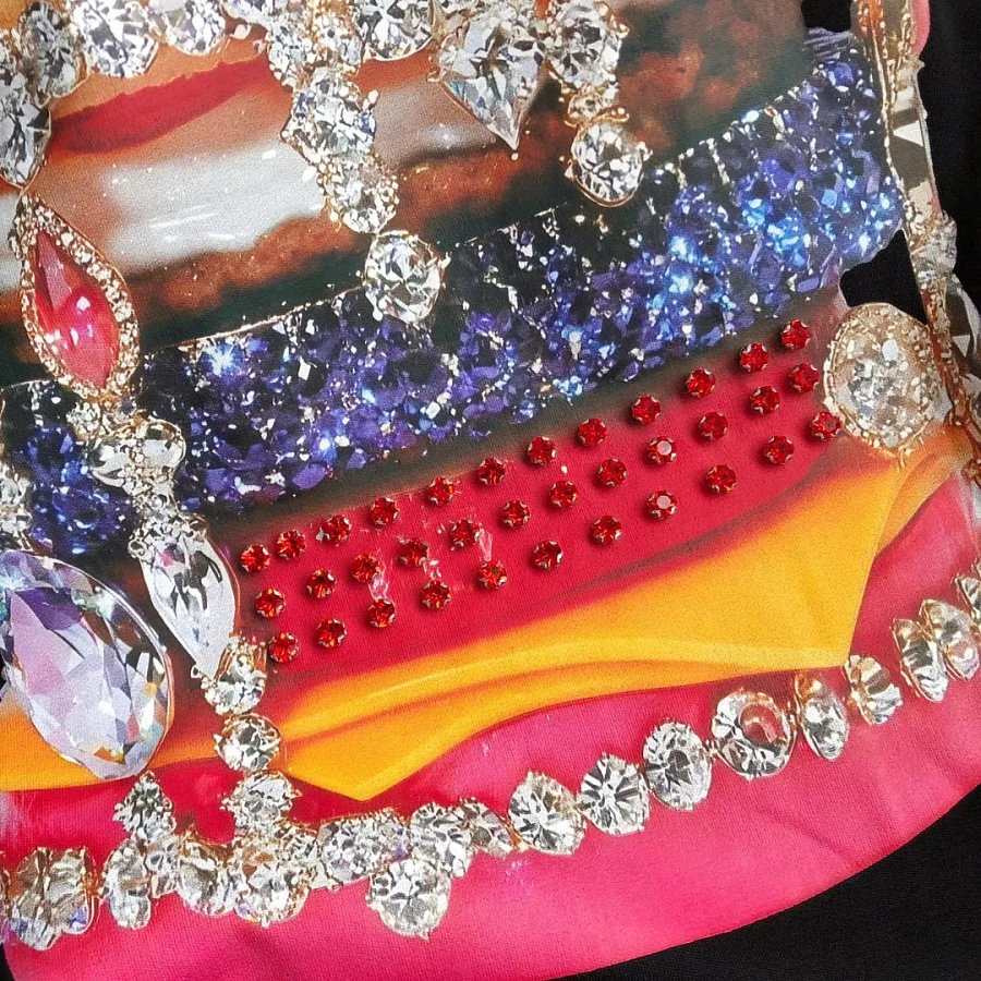 VINESU Pink Edgy-Cute Tee with Heavy Rhinestone Burger Print