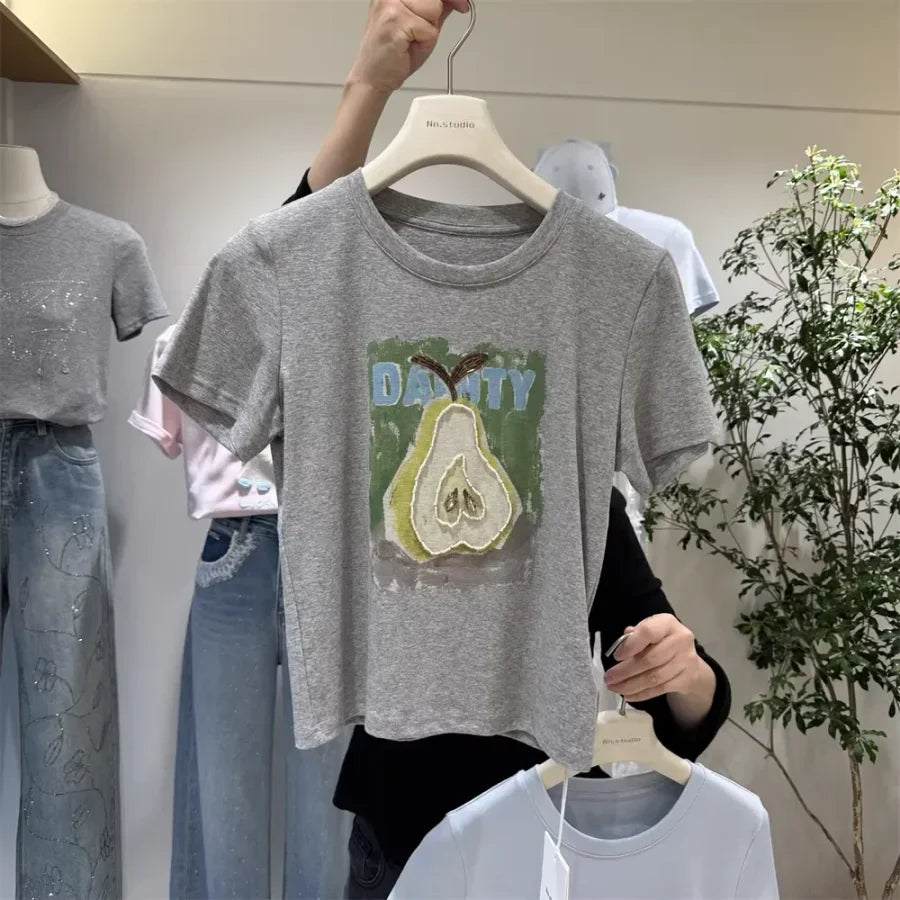 A140 - 220g 100% Cotton Short Sleeve T-Shirt: Pear Pattern, Heavy Hand-beaded Embroidery