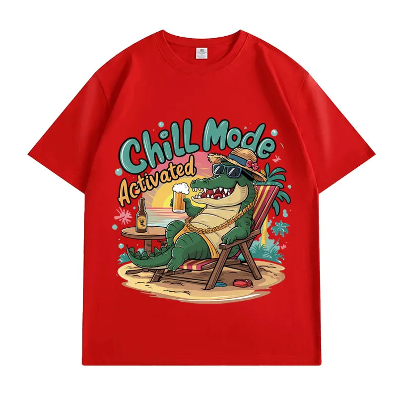 VINESU 100% Cotton Oversized T-Shirt: Chill Mode Activated Crocodile Vacation Graphic Print