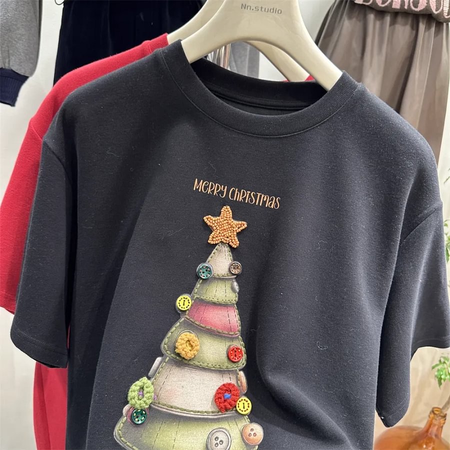 VINESU 🌲Heavy-Duty 3D Christmas Tree Embellished 220g 100% Cotton Tee