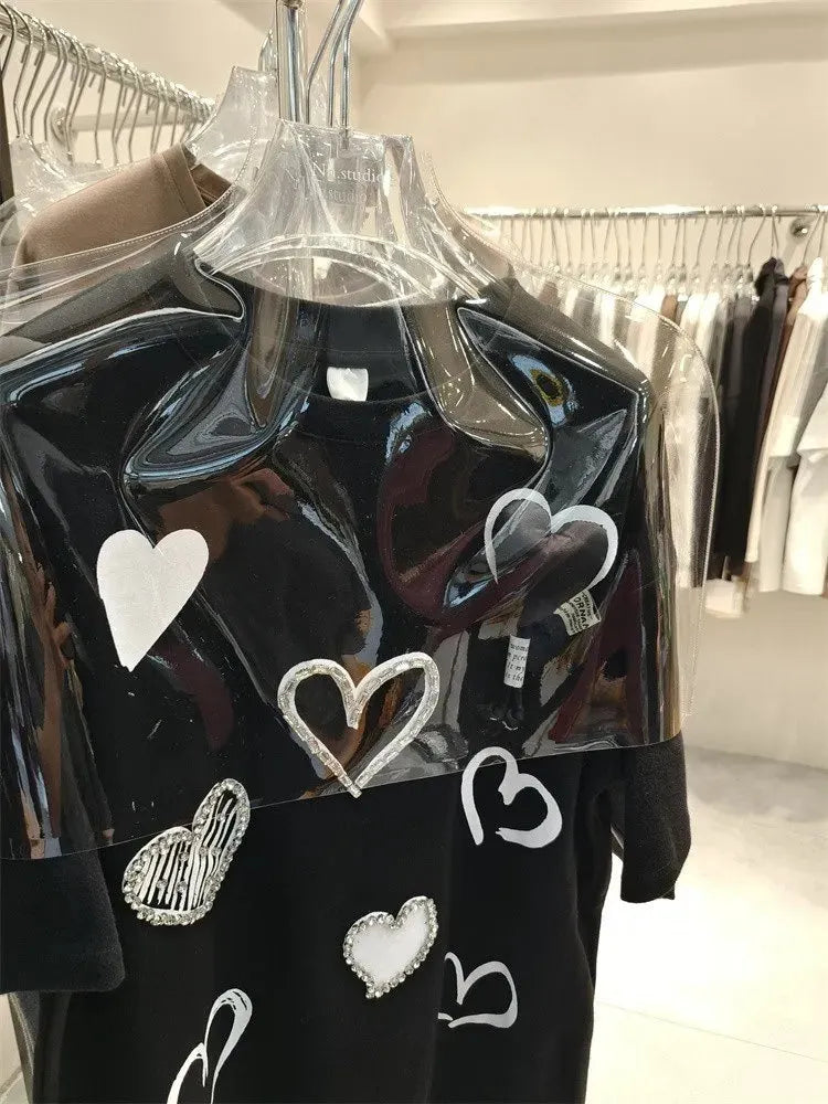 VINESU A25 - Heart Rhinestone & 3D Print Oversized Tee