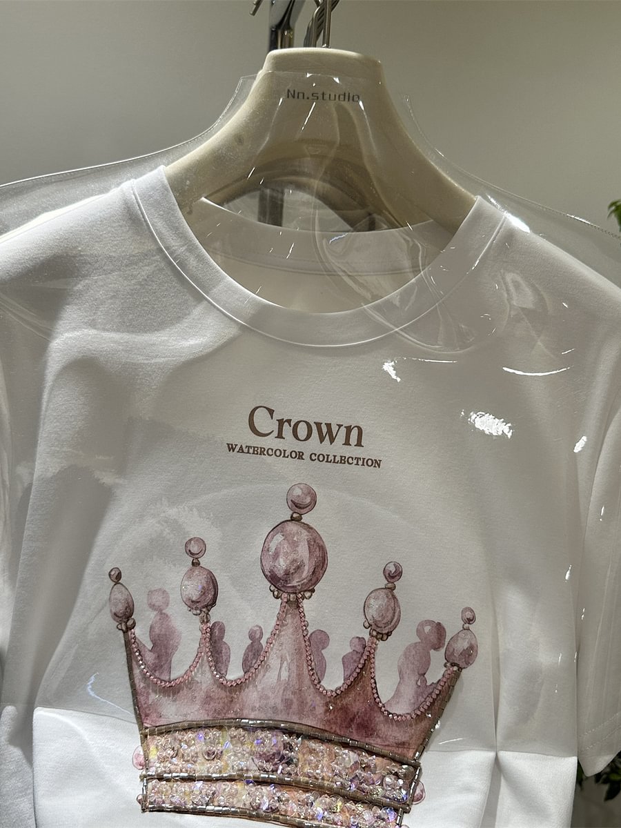 A170 - Heavyweight 220g Cotton Tee with Hand-Beaded Crown Embroidery