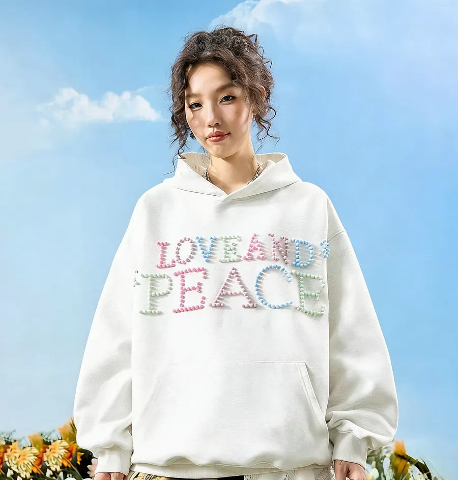 VINESU a38 - Pearl-Embellished "LOVE AND PEACE" Graphic Hoodie, Y2K Aesthetic Pullover