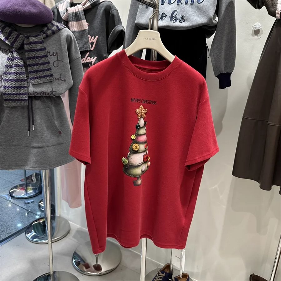 VINESU 🌲Heavy-Duty 3D Christmas Tree Embellished 220g 100% Cotton Tee