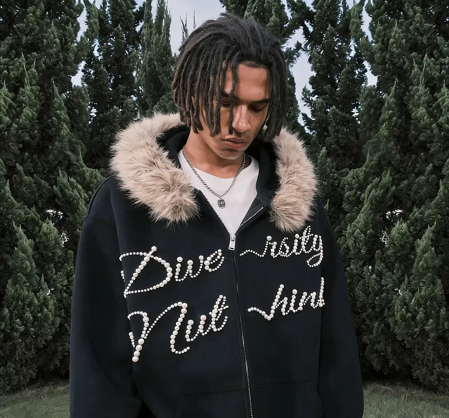 VINESU A34 - Oversized Fur Trim Rhinestone Letter Zip Up Hoodie, "Diversity" Graphic Streetwear Hoodie