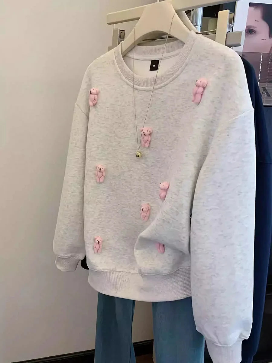 VINESU Trendy 3D Pink Bear Gray Sweatshirt for Casual Outfits - Gray