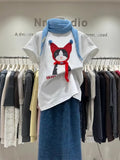 A103 - Oversized Graphic T-Shirt - Cute 3D Cat Print with Real Scarf & Pom-Pom Accents, 220g Premium Cotton Breathable Loose Tee