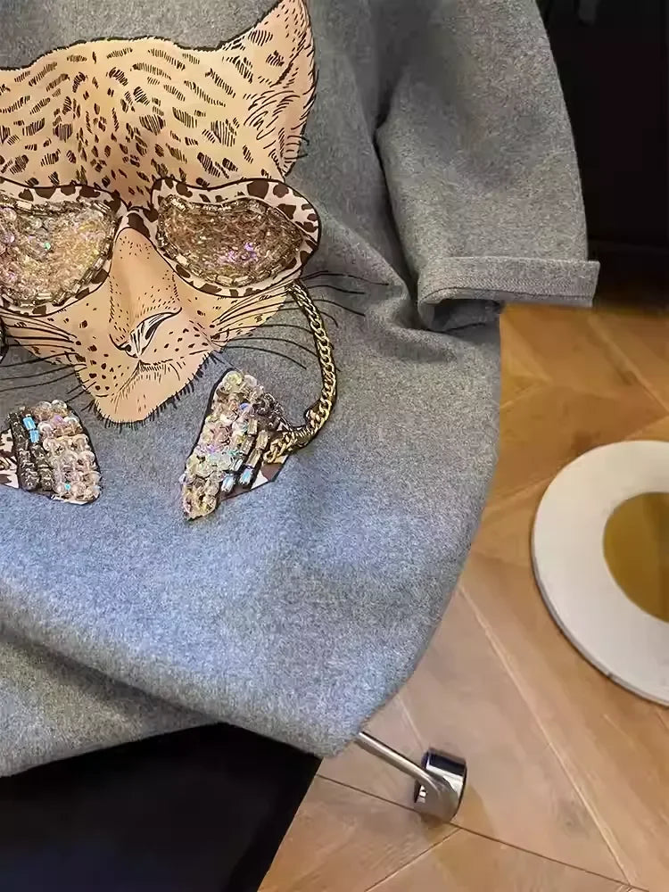 A92 - Luxury Hand-Beaded Leopard Tee | 220g Heavyweight Breathable Cotton | Premium Oversized Slouchy Top