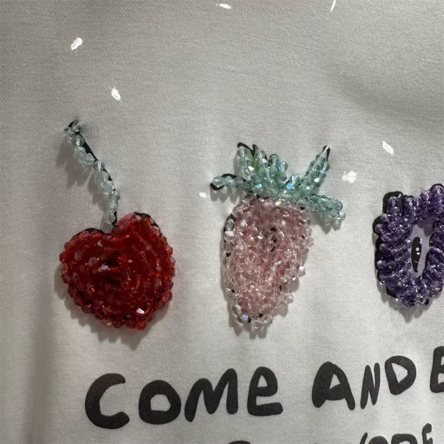 A121 - Luxury Fruit Embroidery Beaded T-Shirt - 100% Heavy Cotton