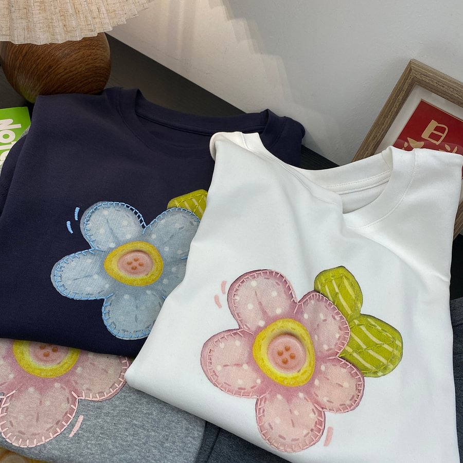 A187 - Embroidered Floral Graphic Tee - Hand-Finished Wildflower Detail - 220g Premium Heavyweight Cotton