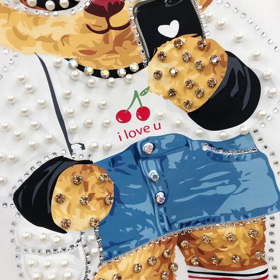 VINESU A18 - Selfie Teddy Bear Print Hand-Beaded Casual T-Shirt