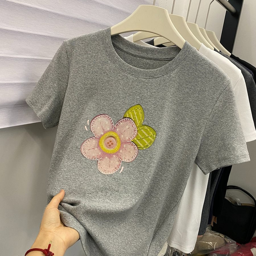 A187 - Embroidered Floral Graphic Tee - Hand-Finished Wildflower Detail - 220g Premium Heavyweight Cotton