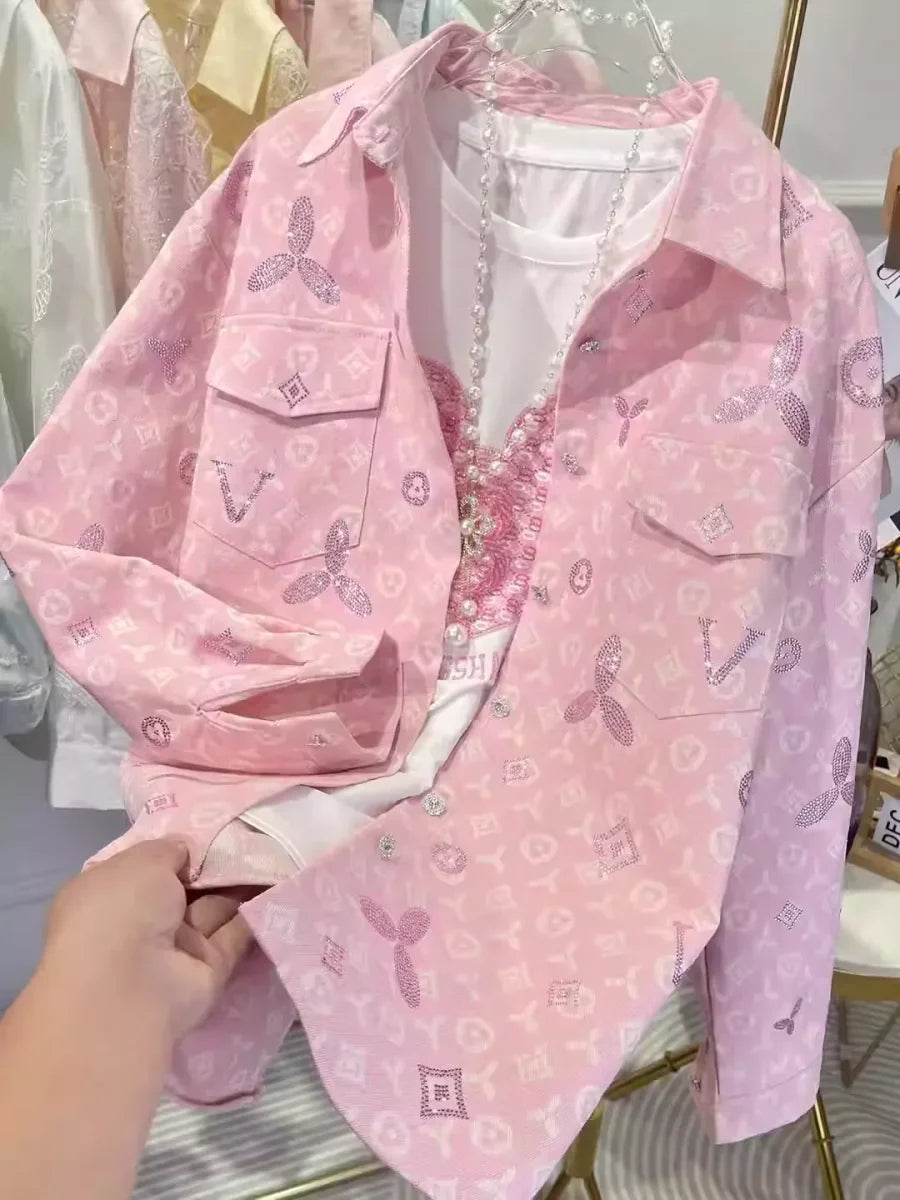 VINESU All-Over Rhinestone Embroidery Oversized Shirt Jacket 👚Stylish Casual Outerwear
