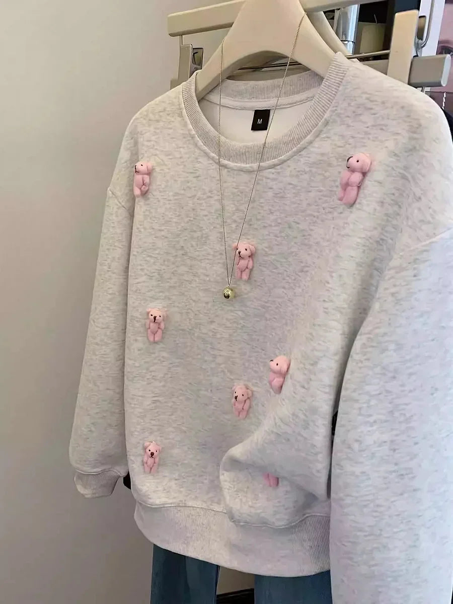 VINESU Trendy 3D Pink Bear Gray Sweatshirt for Casual Outfits - Gray