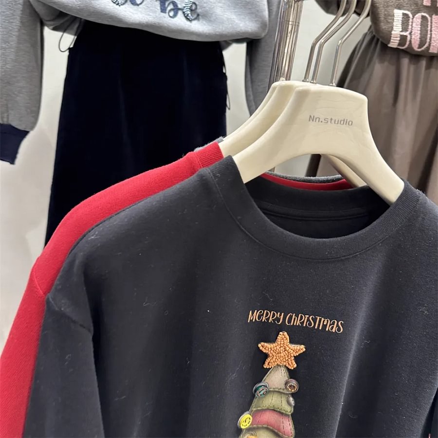 VINESU 🌲Heavy-Duty 3D Christmas Tree Embellished 220g 100% Cotton Tee