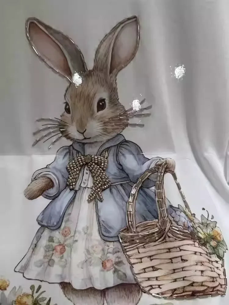 A136 - Oversized Rabbit Embroidery Tee - 220g Premium Cotton with Silver Bead Accents