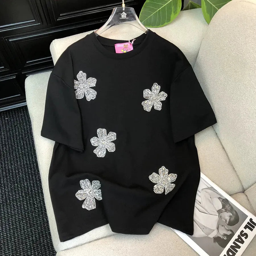VINESU Sparkly floral embellishment T-shirts 🌸 A delicate trick for basic styles