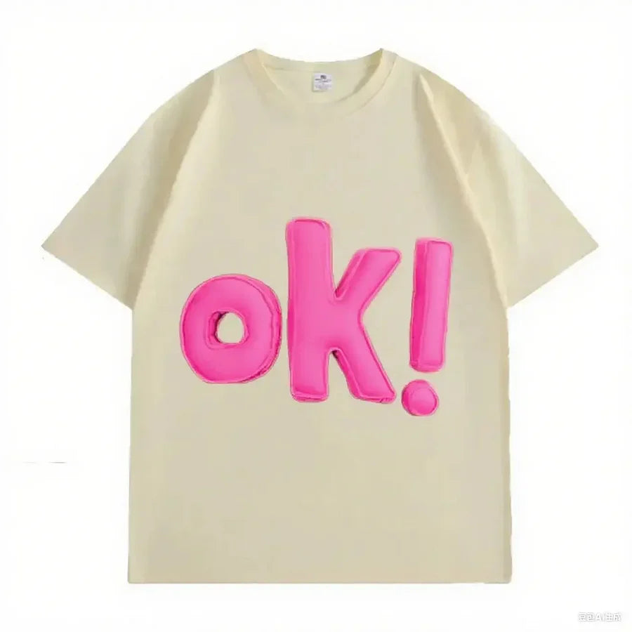 VINESU OK! Letter 3D - Decorated White T-shirts 💗 Unlock Casual Trendy Vibe-Pink