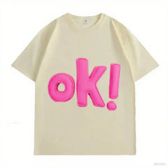 VINESU OK! Letter 3D - Decorated White T-shirts 💗 Unlock Casual Trendy Vibe-Pink