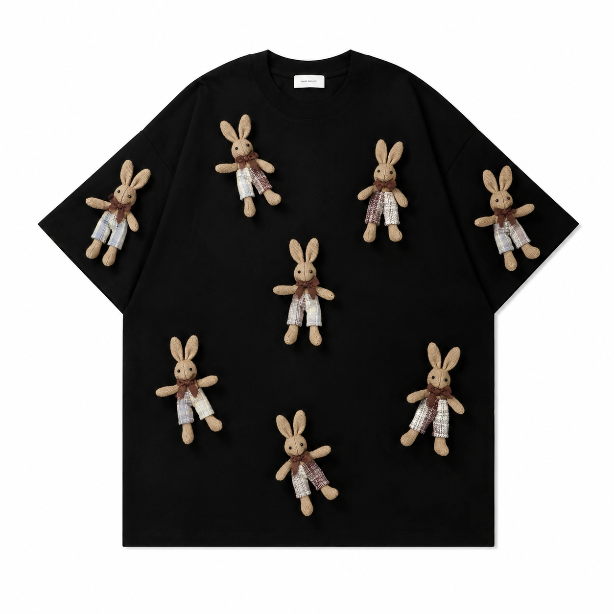 A242 - Handmade 3D Bunny Appliqué Cotton T-Shirt – Soft Artistic Casual Wear