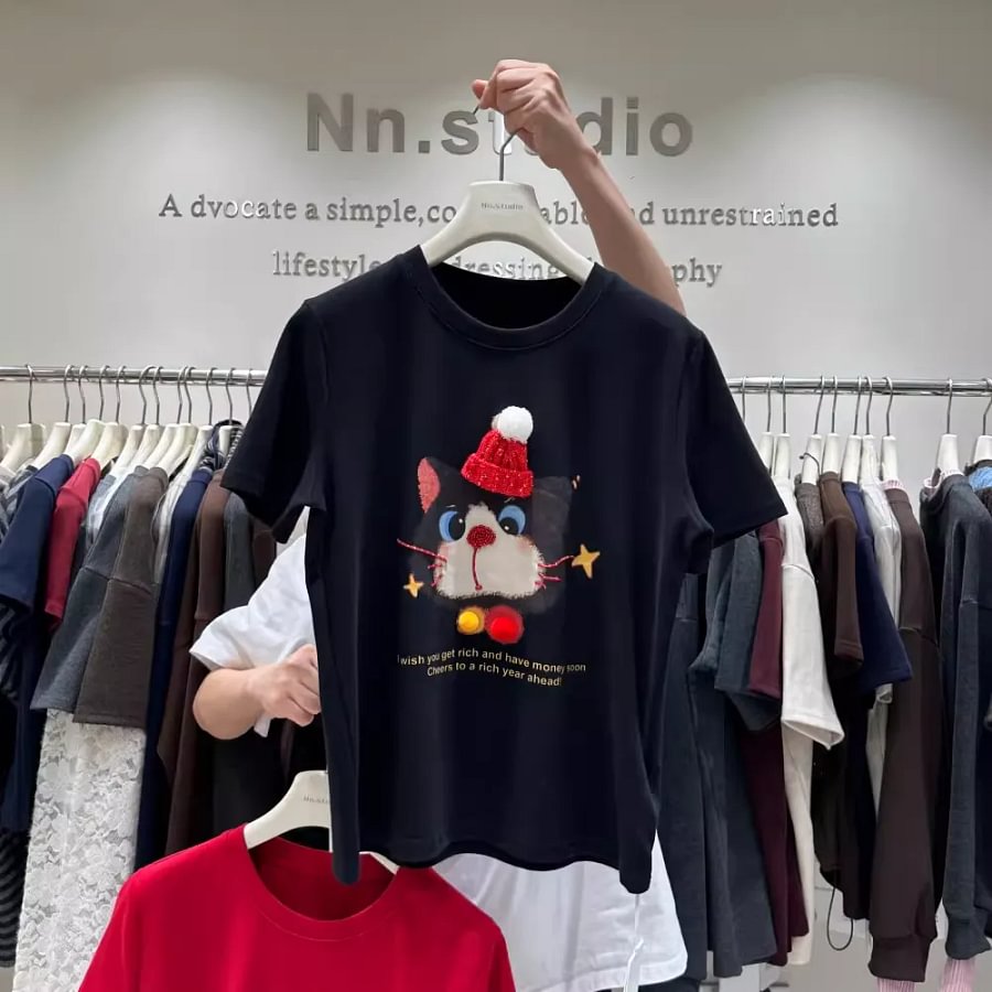 VINESU A48 Oversized 3D Christmas Cat Graphic Tee | Blessing Coquette Top
