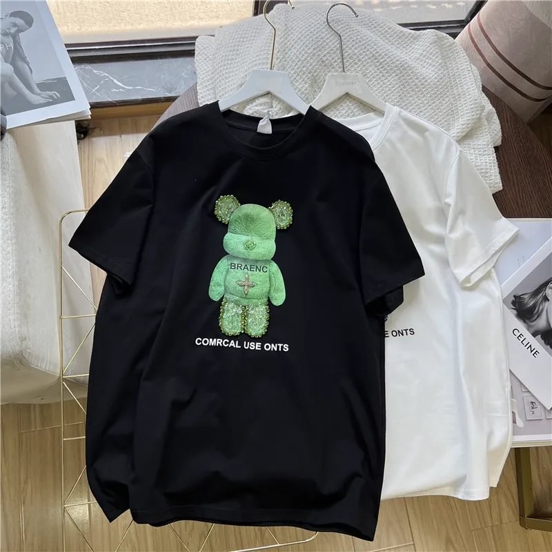 VINESU 3D Bear Rhinestone-Embellished T-Shirt - Casual Streetwear