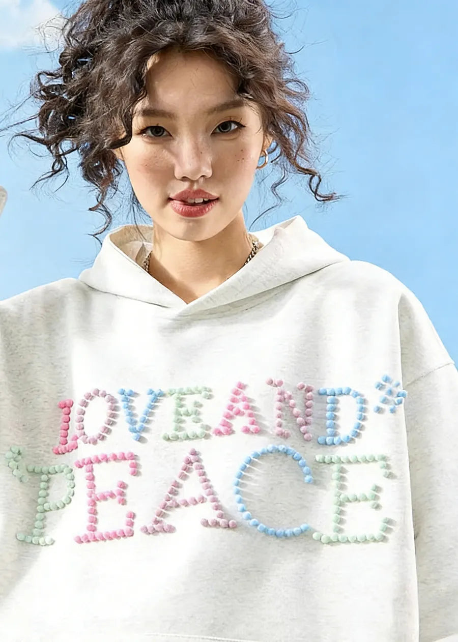 VINESU a38 - Pearl-Embellished "LOVE AND PEACE" Graphic Hoodie, Y2K Aesthetic Pullover