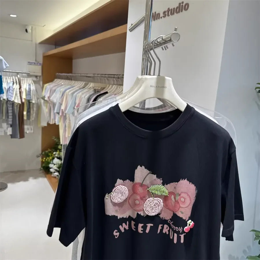 A134 - Heavywork Cherry Tee: 220g Organic Cotton | 3D Hand-Stitched Crystal Beads | Summer 2026 Edition