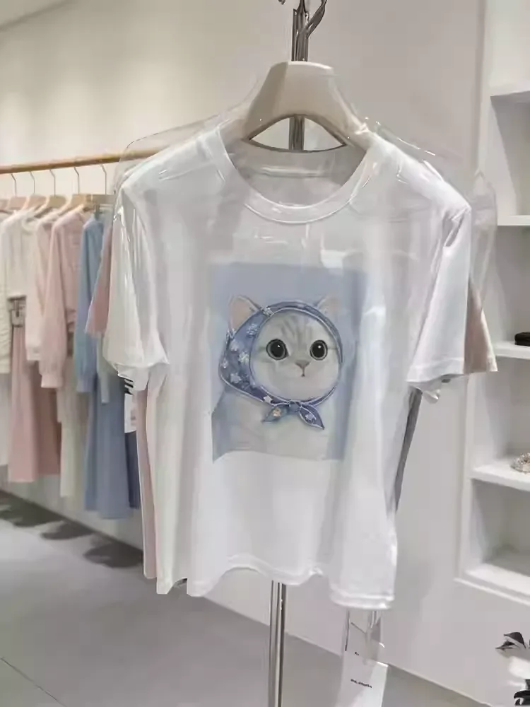 A125 - 220g Heavyweight Cotton Kawaii Cat Graphic T-Shirt - 3D Hand-Crocheted & Beaded Bandana Detail - Premium Boutique Aesthetic Tee
