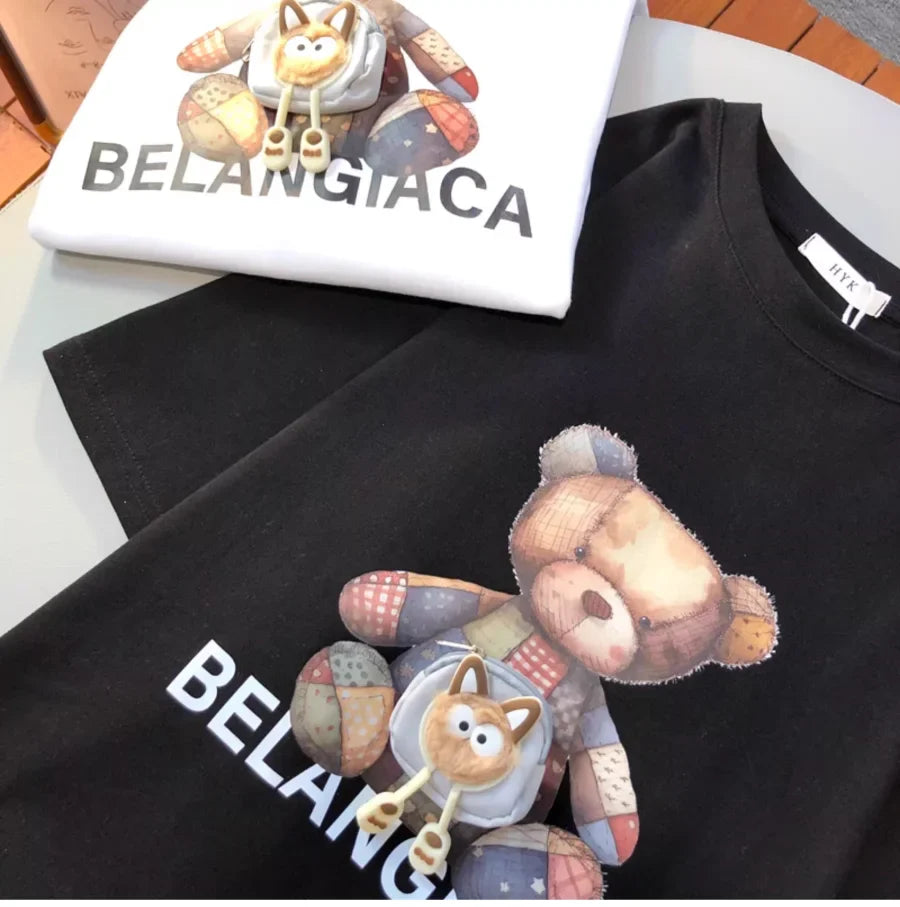 A144 - 3D Mini Pouch Patchwork Bear T-Shirt - 220g Heavyweight Pure Cotton