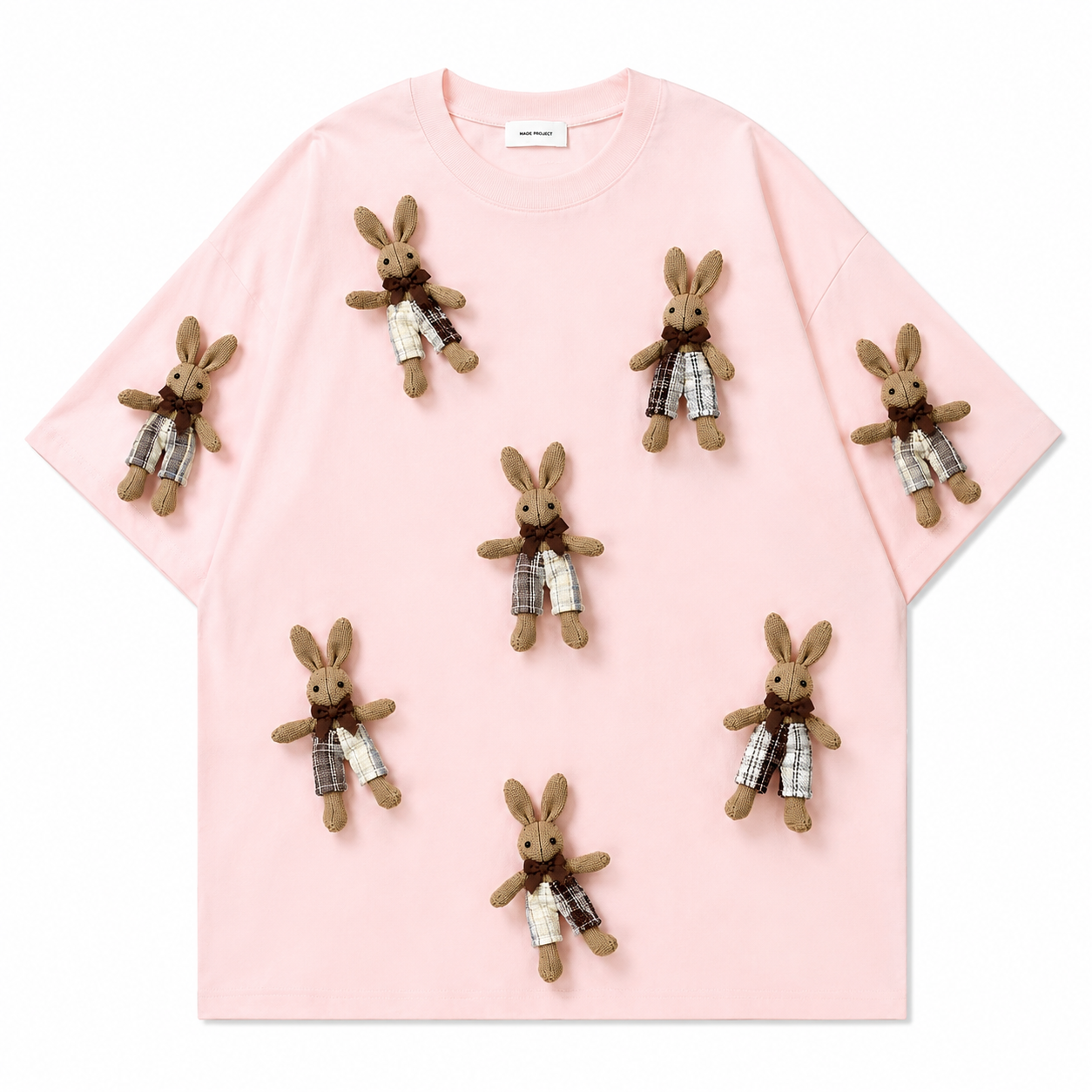A242 - Handmade 3D Bunny Appliqué Cotton T-Shirt – Soft Artistic Casual Wear
