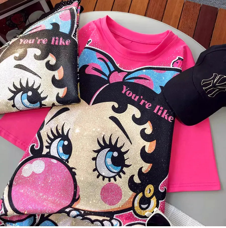 VINESU A01 - Rhinestone Betty Boop Cotton Brushed Oversized T-Shirt